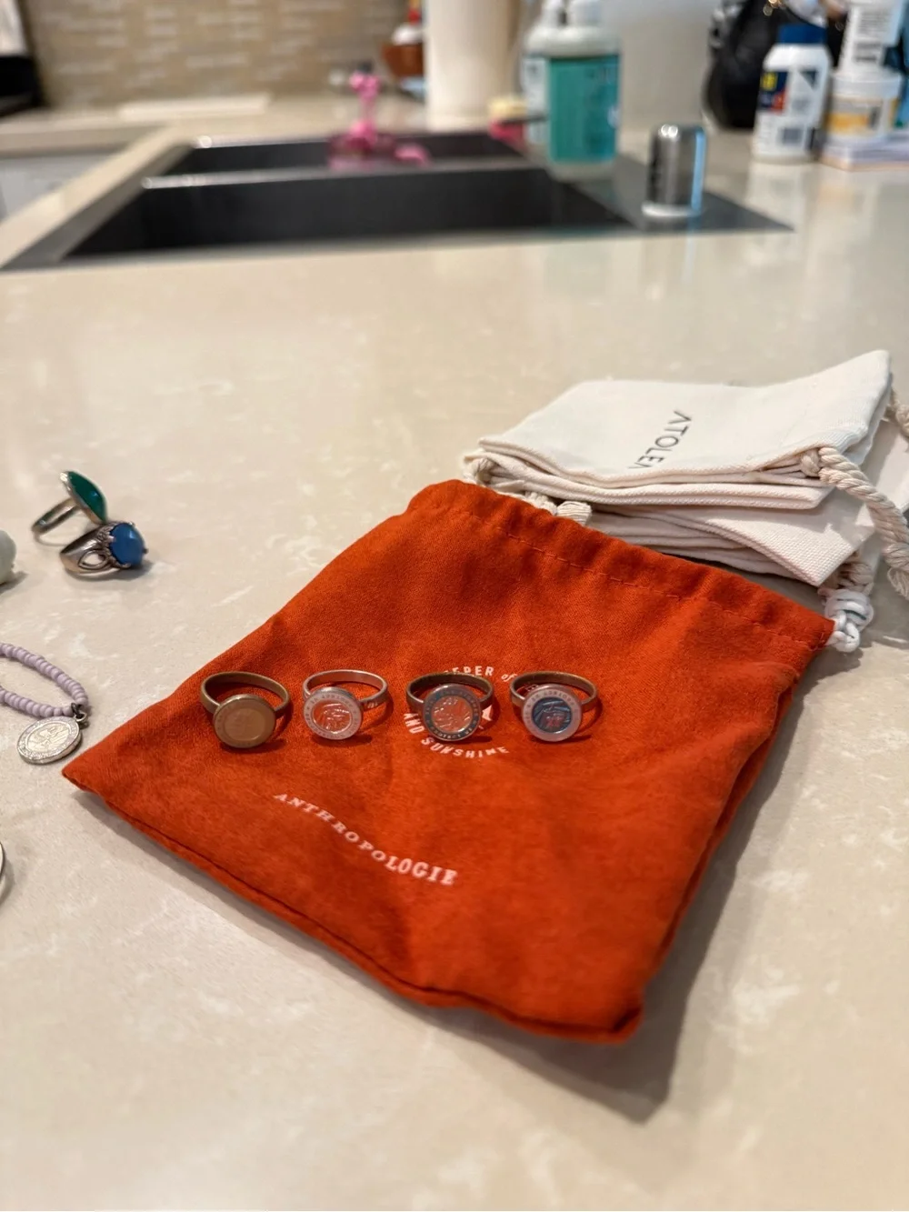Anthropologie Stackable Coin Rings Set — Orange, Yellow, Blue, Gray